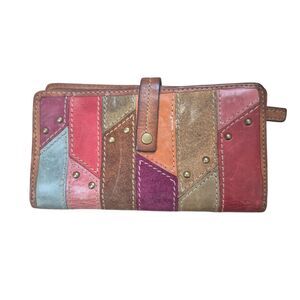 Fossil Vintage Brown Leather Patchwork Checkbook Wallet Snap Closure